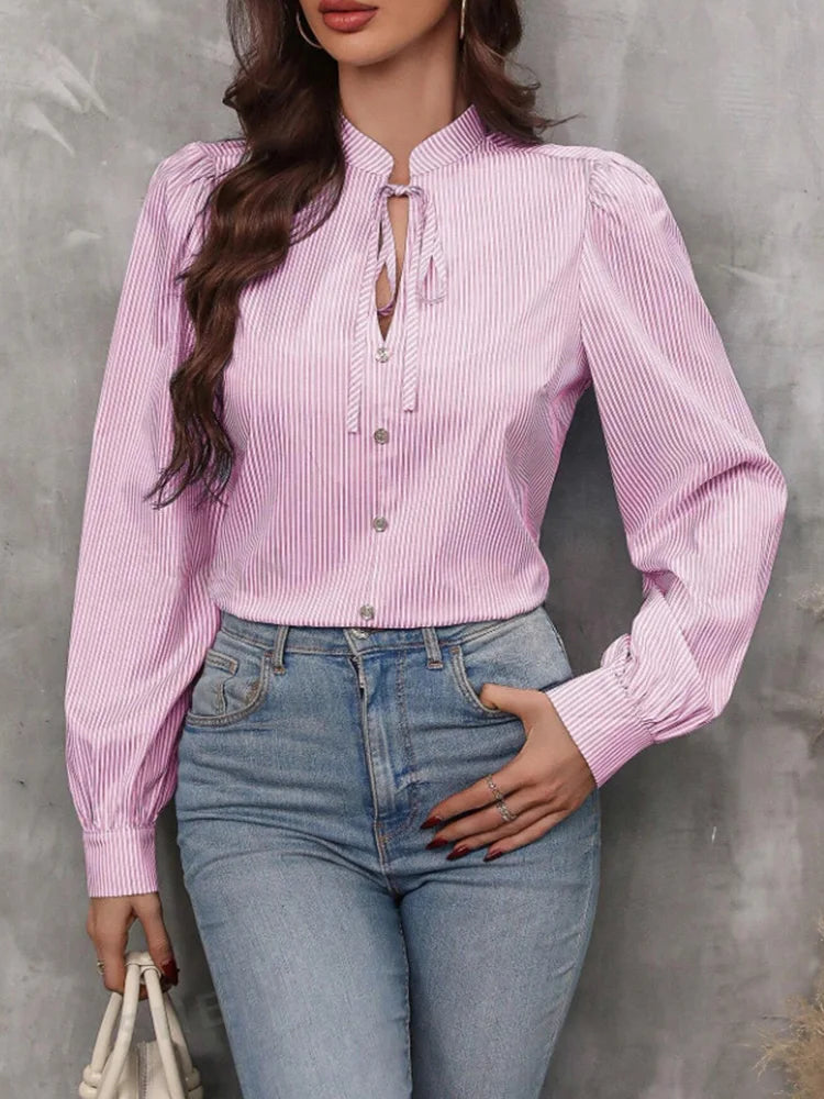 Women V-Neck Button Down S-XXL Long Sleeve Top Solid Color Striped Shirt Office Lady Work Clothes
