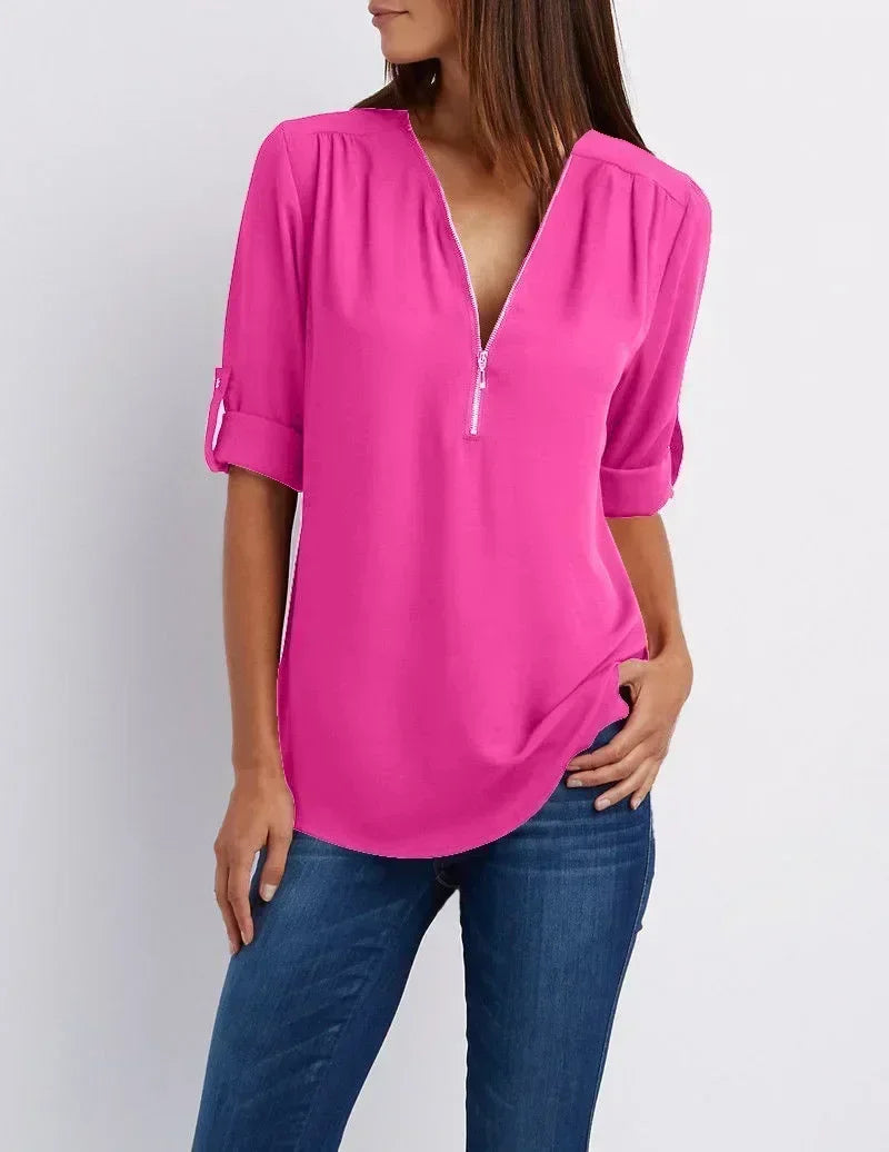 Summer Women Cool Loose Shirt S - 2XL Deep V Neck Chiffon Blouse Casual Ladies Tops Sexy Zipper Pullover Plus Size Long Sleeve Fashion - UT KICK ASStop14:200211869#Rose Red;5:361386