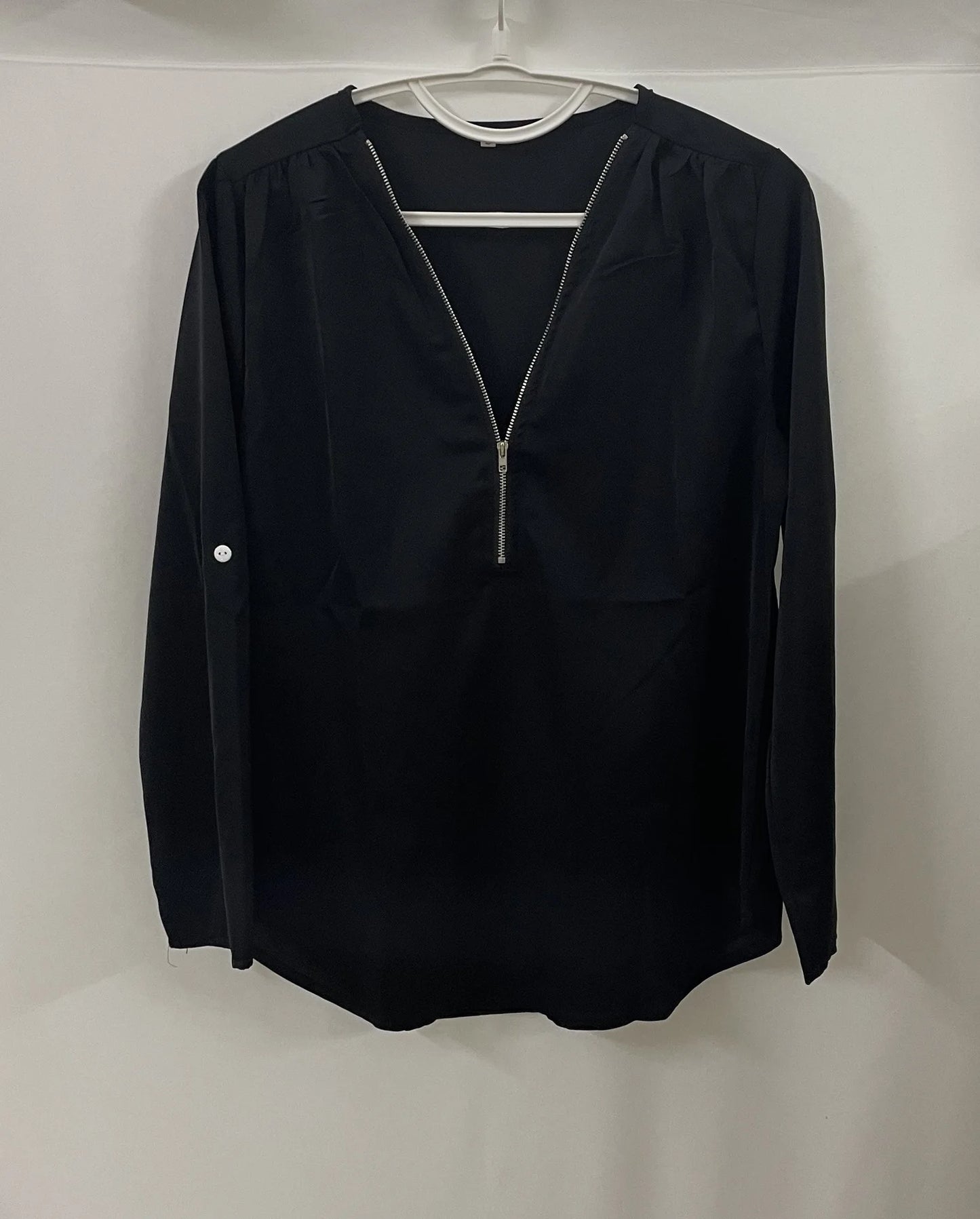 Summer Women Cool Loose Shirt S - 2XL Deep V Neck Chiffon Blouse Casual Ladies Tops Sexy Zipper Pullover Plus Size Long Sleeve Fashion - UT KICK ASStop14:202693815#INKGreen;5:100014065