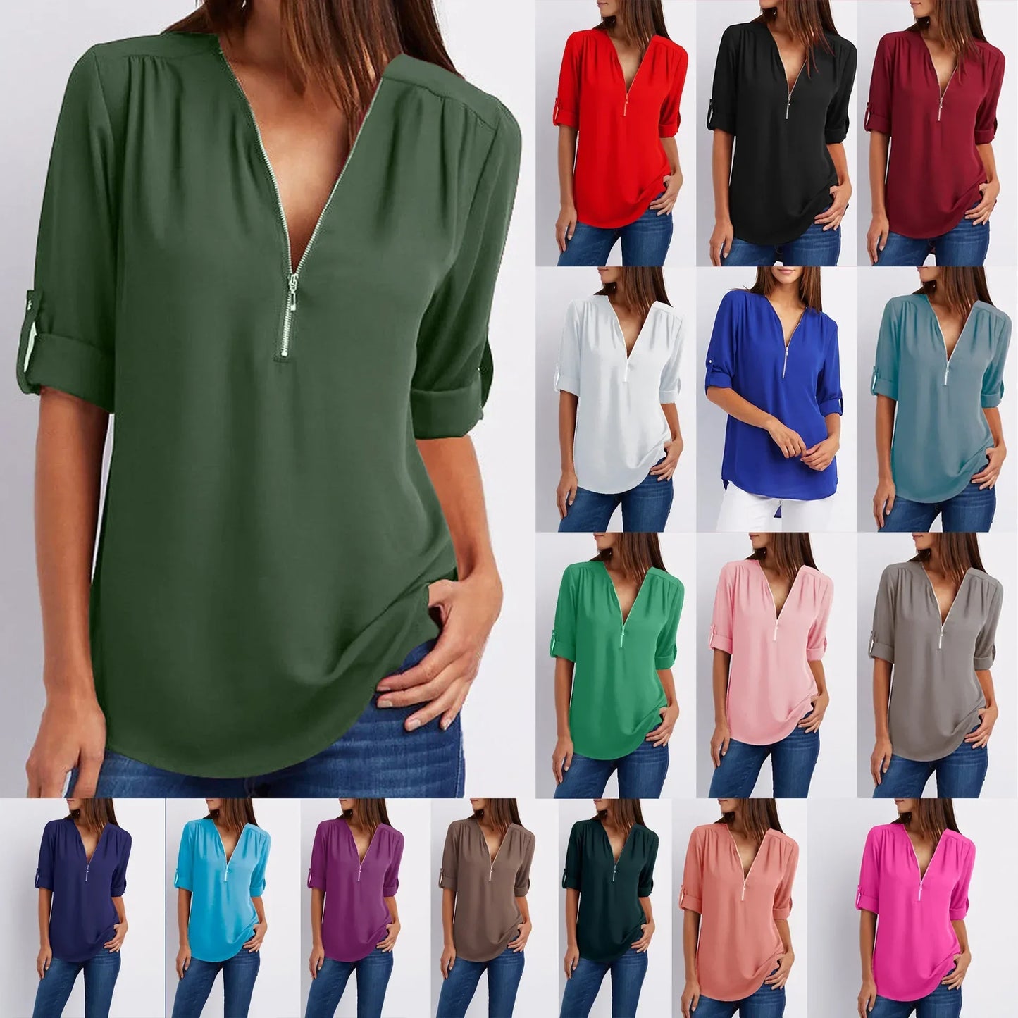Summer Women Cool Loose Shirt S - 2XL Deep V Neck Chiffon Blouse Casual Ladies Tops Sexy Zipper Pullover Plus Size Long Sleeve Fashion - UT KICK ASStop14:202693815#INKGreen;5:100014065