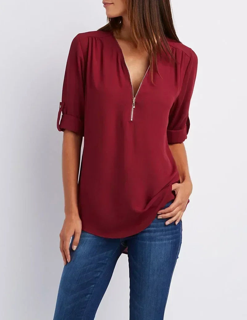 Summer Women Cool Loose Shirt S - 2XL Deep V Neck Chiffon Blouse Casual Ladies Tops Sexy Zipper Pullover Plus Size Long Sleeve Fashion - UT KICK ASStop14:273312254#Burgundy;5:361386