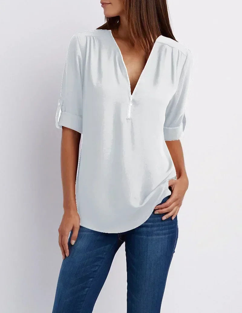 Summer Women Cool Loose Shirt S - 2XL Deep V Neck Chiffon Blouse Casual Ladies Tops Sexy Zipper Pullover Plus Size Long Sleeve Fashion - UT KICK ASStop14:29#White;5:361386