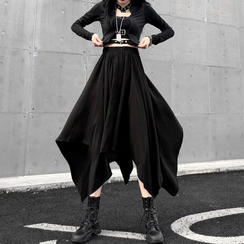 Dark Black Irregular High Waist Skirt Goth Punk Gothic Black Harajuku Long Vintage Skirt korean fashion clothing - UT KICK ASS14:193#9539;5:200003528#One Size