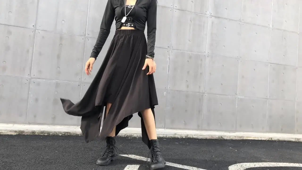 Dark Black Irregular High Waist Skirt Goth Punk Gothic Black Harajuku Long Vintage Skirt korean fashion clothing - UT KICK ASS14:193#9539;5:200003528#One Size