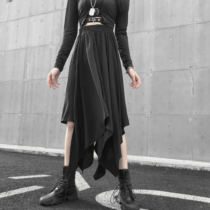 Dark Black Irregular High Waist Skirt Goth Punk Gothic Black Harajuku Long Vintage Skirt korean fashion clothing - UT KICK ASS14:193#9539;5:200003528#One Size