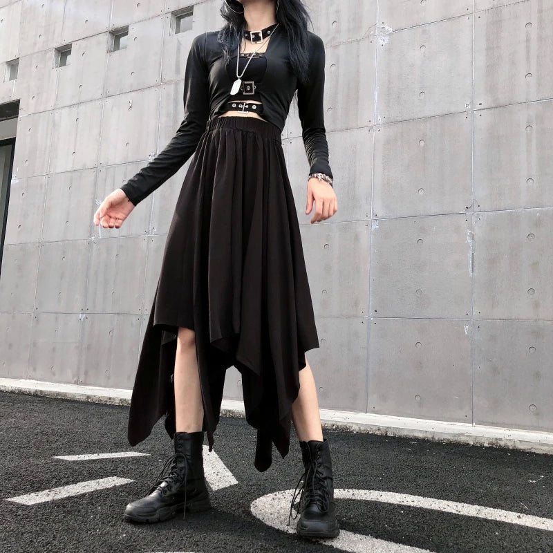 Dark Black Irregular High Waist Skirt Goth Punk Gothic Black Harajuku Long Vintage Skirt korean fashion clothing - UT KICK ASS14:193#9539;5:200003528#One Size
