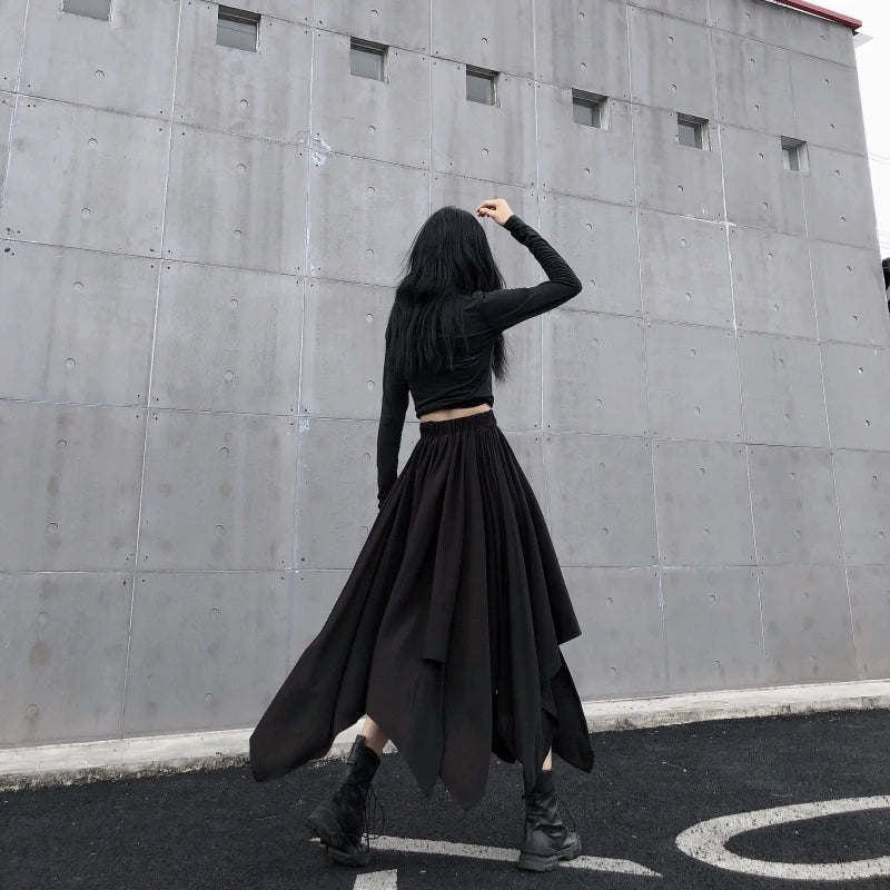 Dark Black Irregular High Waist Skirt Goth Punk Gothic Black Harajuku Long Vintage Skirt korean fashion clothing - UT KICK ASS14:193#9539;5:200003528#One Size