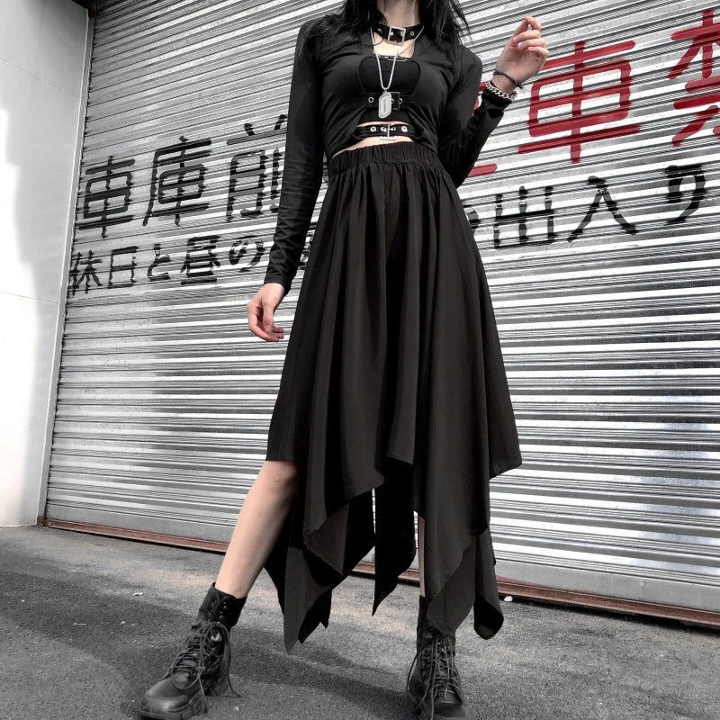 Dark Black Irregular High Waist Skirt Goth Punk Gothic Black Harajuku Long Vintage Skirt korean fashion clothing - UT KICK ASS14:193#9539;5:200003528#One Size