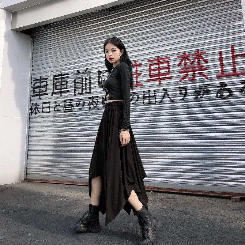 Dark Black Irregular High Waist Skirt Goth Punk Gothic Black Harajuku Long Vintage Skirt korean fashion clothing - UT KICK ASS14:193#9539;5:200003528#One Size