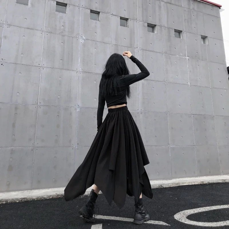Dark Black Irregular High Waist Skirt Goth Punk Gothic Black Harajuku Long Vintage Skirt korean fashion clothing - UT KICK ASS14:193#9539;5:200003528#One Size
