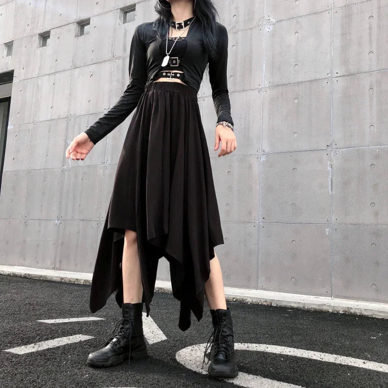 Dark Black Irregular High Waist Skirt Goth Punk Gothic Black Harajuku Long Vintage Skirt korean fashion clothing - UT KICK ASS14:193#9539;5:200003528#One Size