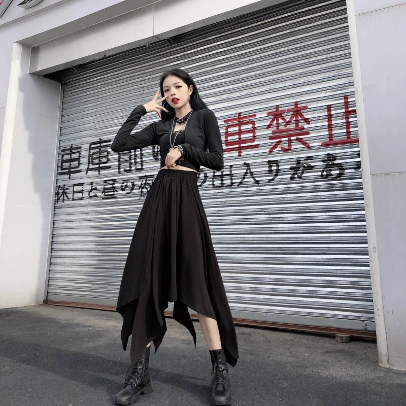 Dark Black Irregular High Waist Skirt Goth Punk Gothic Black Harajuku Long Vintage Skirt korean fashion clothing - UT KICK ASS14:193#9539;5:200003528#One Size