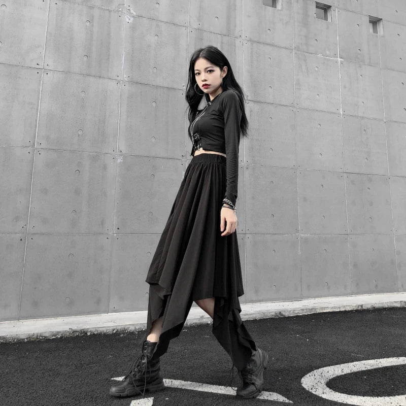Dark Black Irregular High Waist Skirt Goth Punk Gothic Black Harajuku Long Vintage Skirt korean fashion clothing - UT KICK ASS14:193#9539;5:200003528#One Size