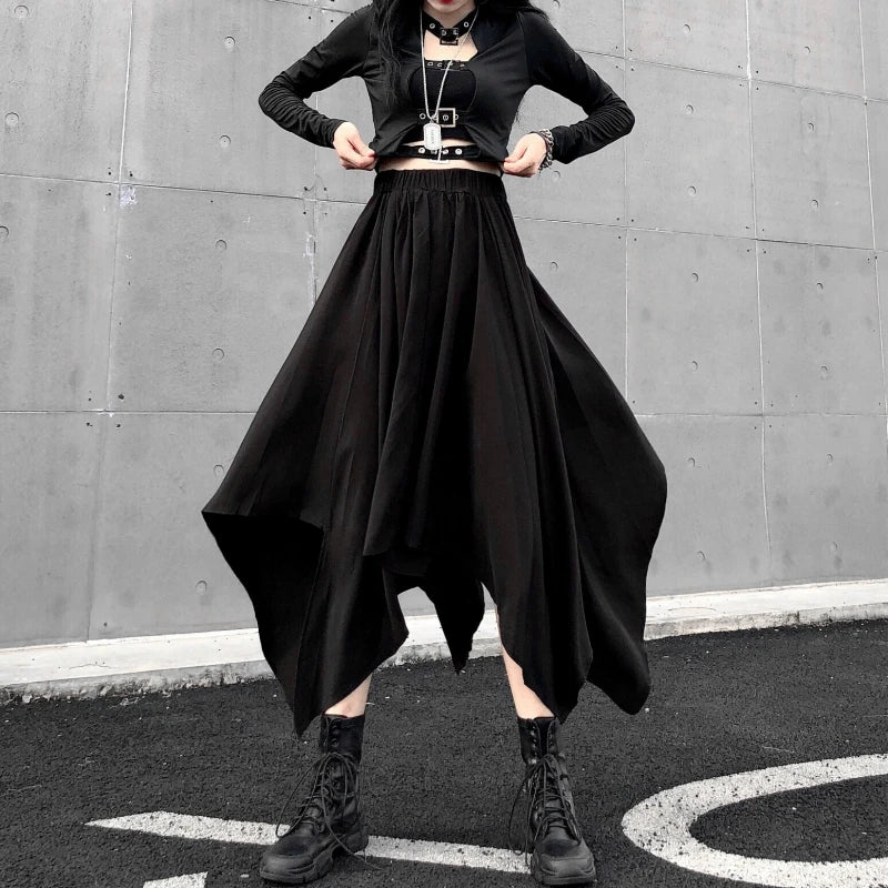 Dark Black Irregular High Waist Skirt Goth Punk Gothic Black Harajuku Long Vintage Skirt korean fashion clothing - UT KICK ASS14:193#9539;5:200003528#One Size