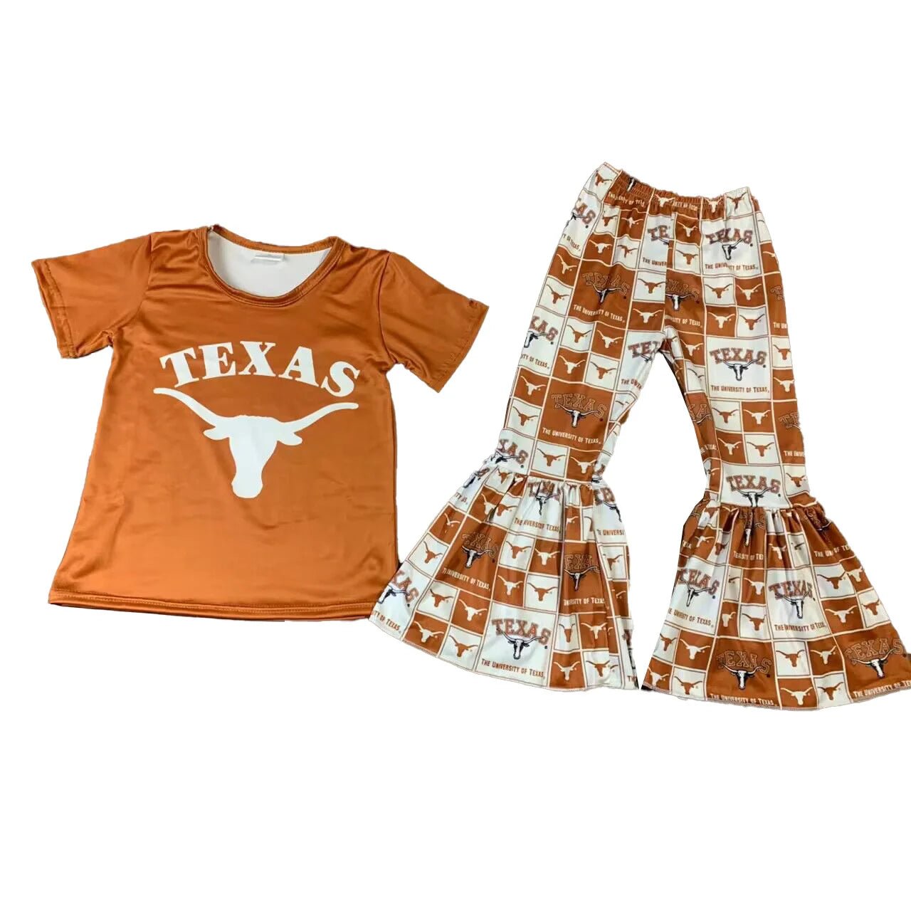 Girls Boutique Longhorns University Texas Outfits Short Sleeve Bell Bottoms Pants Sets - UT KICK ASSApparel14:771#as picture;200000463:200004199#14 - 16T;200007763:201441035