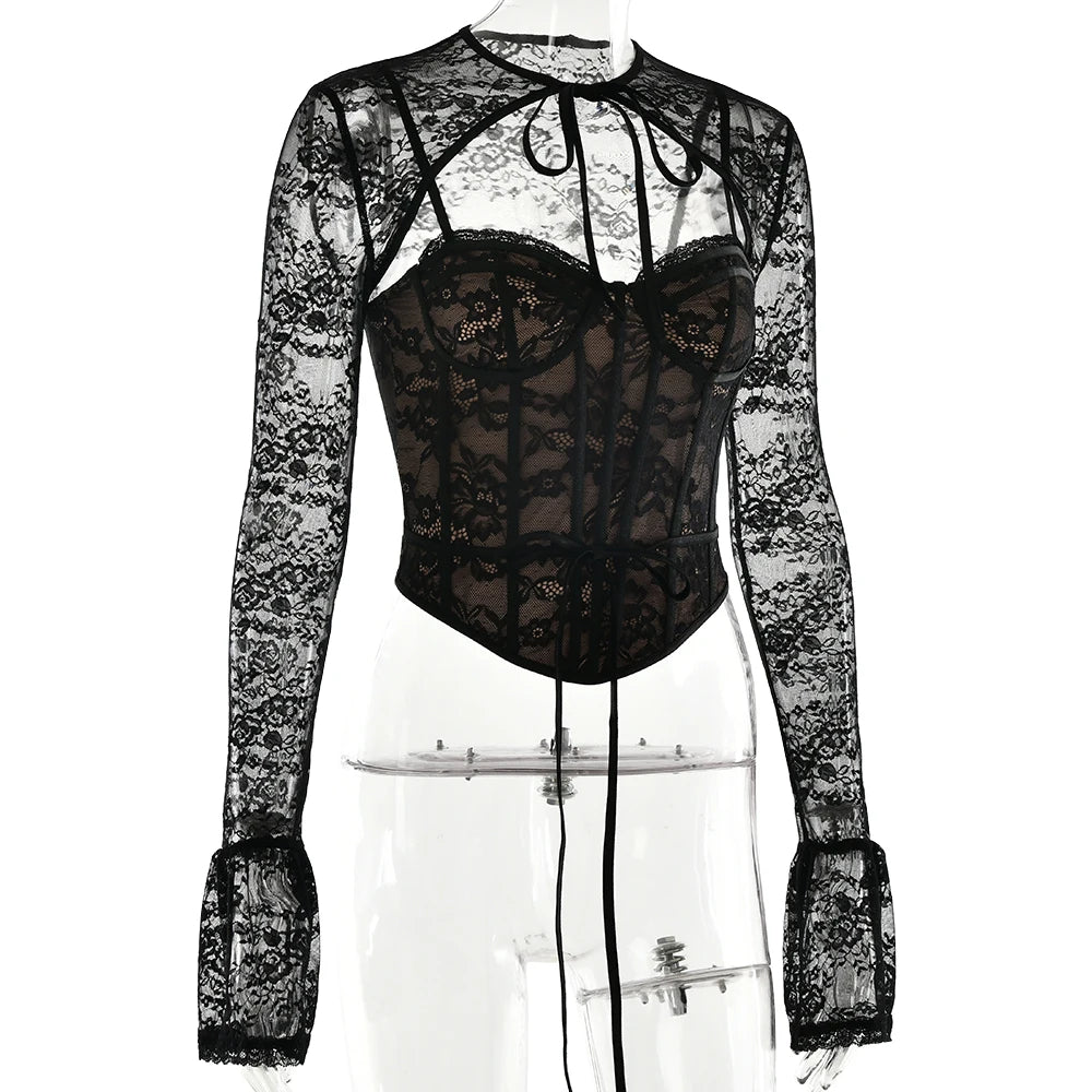 JULISSA MO S/M/L Sexy See Through Lace Two Piece Sets Women Tops Long Sleeve Print Floral Tops Female Autumn Skinny Elegant Streetwear - UT KICK ASSSETS14:193#Black;5:361385