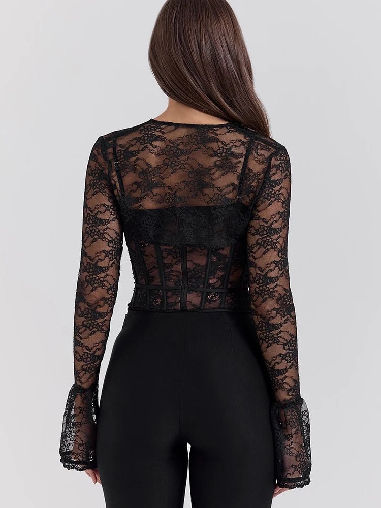 JULISSA MO S/M/L Sexy See Through Lace Two Piece Sets Women Tops Long Sleeve Print Floral Tops Female Autumn Skinny Elegant Streetwear - UT KICK ASSSETS14:193#Black;5:361385