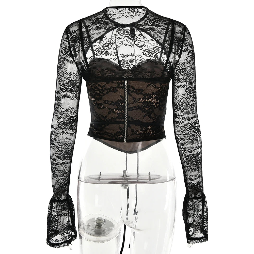 JULISSA MO S/M/L Sexy See Through Lace Two Piece Sets Women Tops Long Sleeve Print Floral Tops Female Autumn Skinny Elegant Streetwear - UT KICK ASSSETS14:193#Black;5:361385