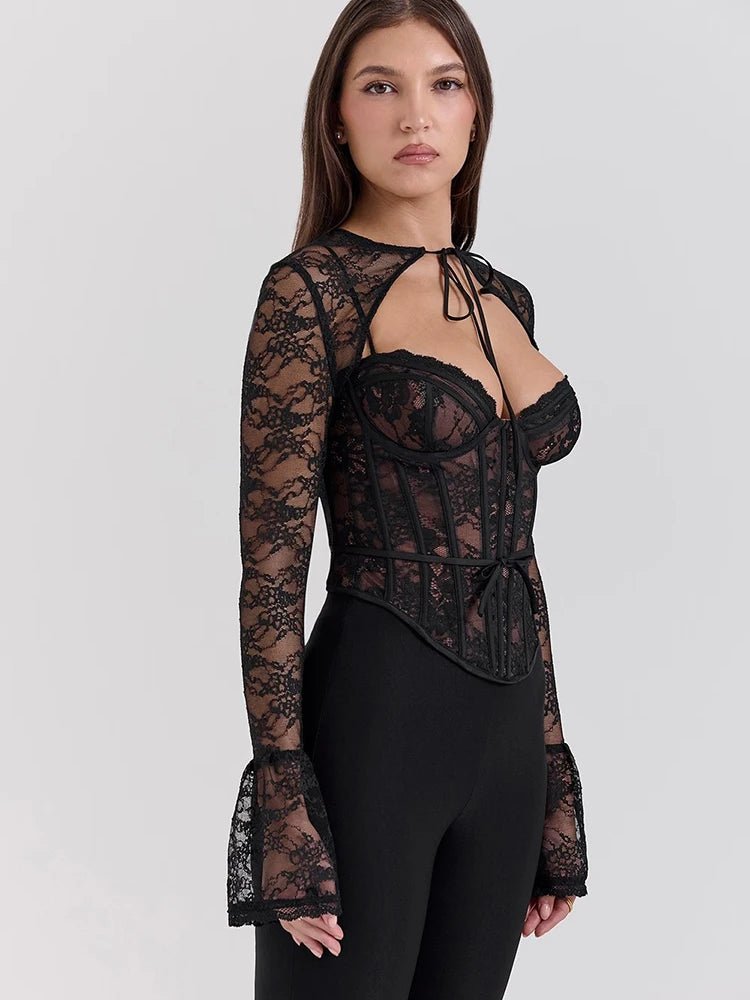 JULISSA MO S/M/L Sexy See Through Lace Two Piece Sets Women Tops Long Sleeve Print Floral Tops Female Autumn Skinny Elegant Streetwear - UT KICK ASSSETS14:193#Black;5:361385