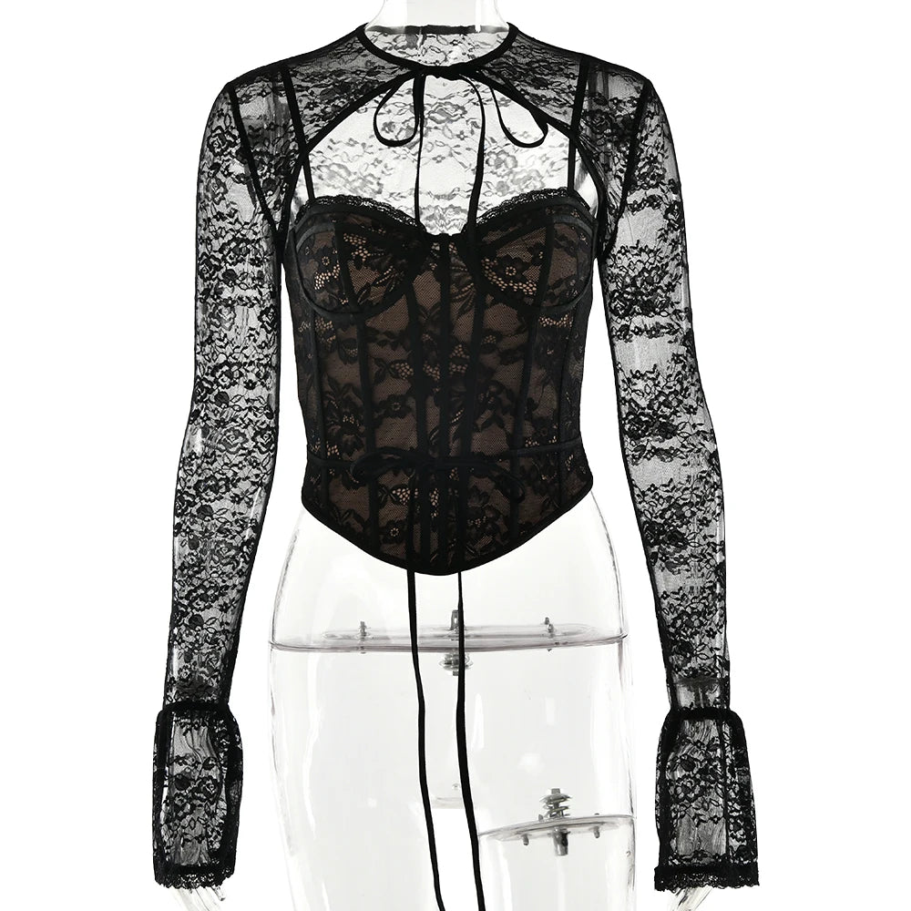 JULISSA MO S/M/L Sexy See Through Lace Two Piece Sets Women Tops Long Sleeve Print Floral Tops Female Autumn Skinny Elegant Streetwear - UT KICK ASSSETS14:193#Black;5:361385