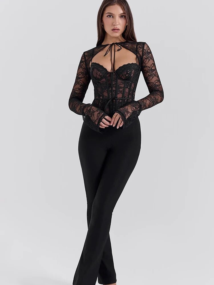 JULISSA MO S/M/L Sexy See Through Lace Two Piece Sets Women Tops Long Sleeve Print Floral Tops Female Autumn Skinny Elegant Streetwear - UT KICK ASSSETS14:193#Black;5:361385