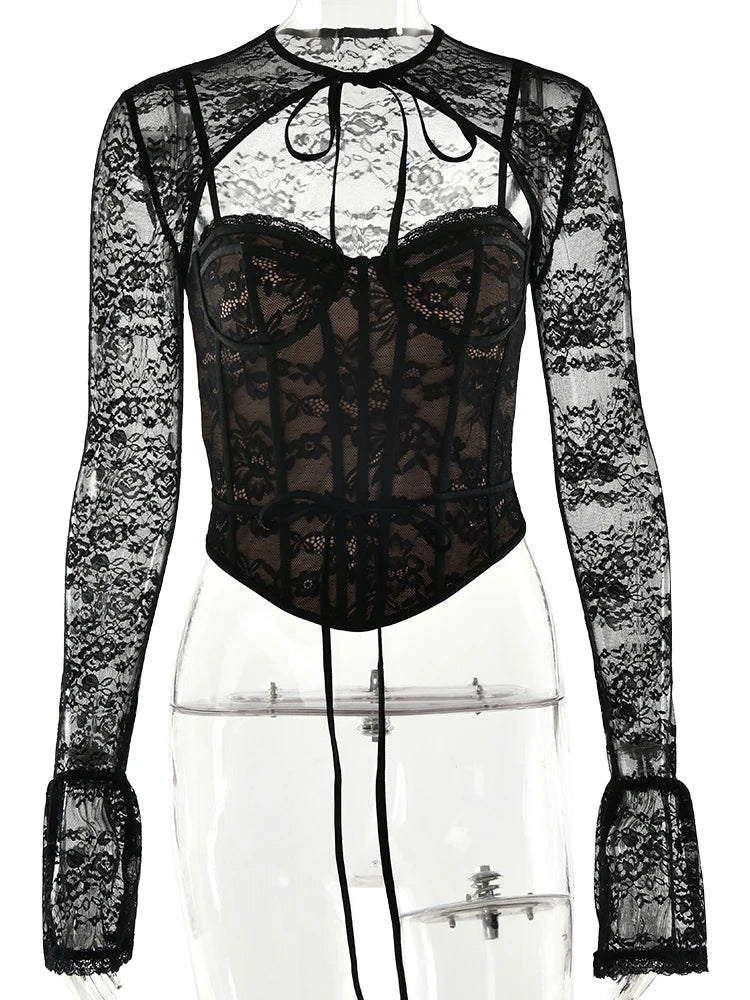 JULISSA MO S/M/L Sexy See Through Lace Two Piece Sets Women Tops Long Sleeve Print Floral Tops Female Autumn Skinny Elegant Streetwear - UT KICK ASSSETS14:193#Black;5:361385