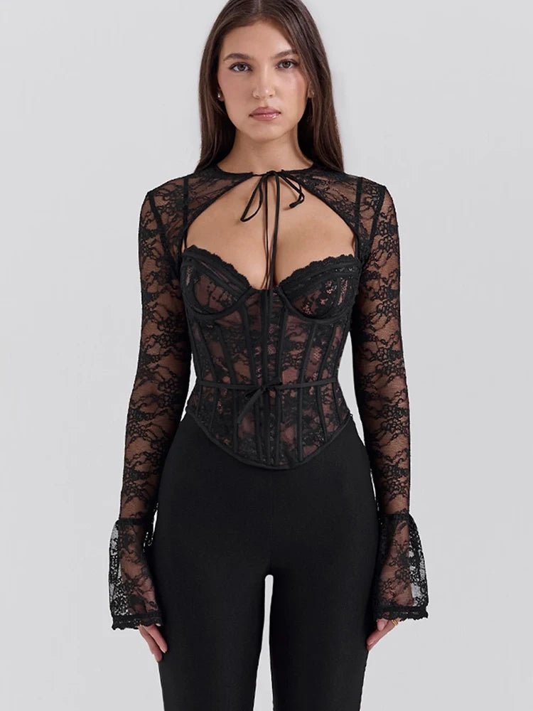 JULISSA MO S/M/L Sexy See Through Lace Two Piece Sets Women Tops Long Sleeve Print Floral Tops Female Autumn Skinny Elegant Streetwear - UT KICK ASSSETS14:193#Black;5:361385