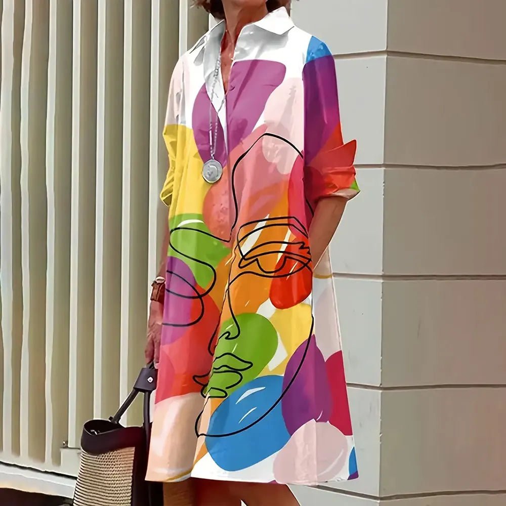 Ladies Abstract Face Printed Long Sleeve Shirt Dress Fashion Single Breasted Vintage Button Shirts Midi Dress Vestidos Spring - UT KICK ASSdress14:200001438#A9SLCZ730145212;5:100014064