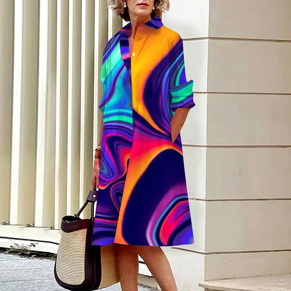 Ladies Abstract Face Printed Long Sleeve Shirt Dress Fashion Single Breasted Vintage Button Shirts Midi Dress Vestidos Spring - UT KICK ASSdress14:1254#A9SLCZ73014524;5:100014064