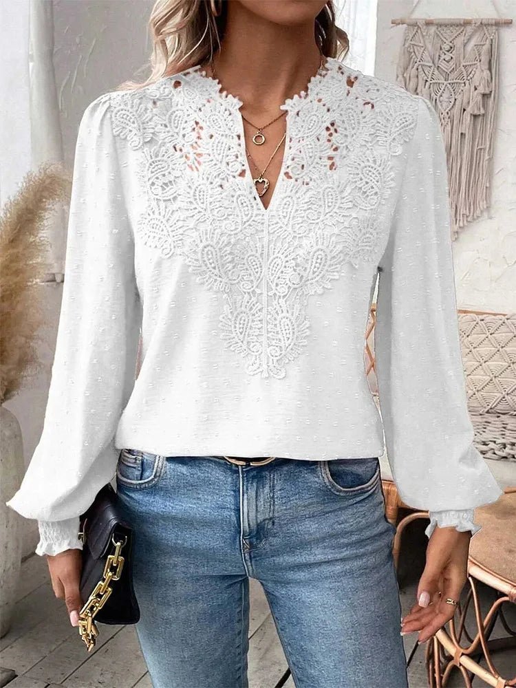 Luxury Lace S - 2XL Hollowed V - Neck Shirt Women Solid Color Long Sleeve Top Office Lady Elegant Daily Blouse - UT KICK ASStop14:350850#green;5:100014065