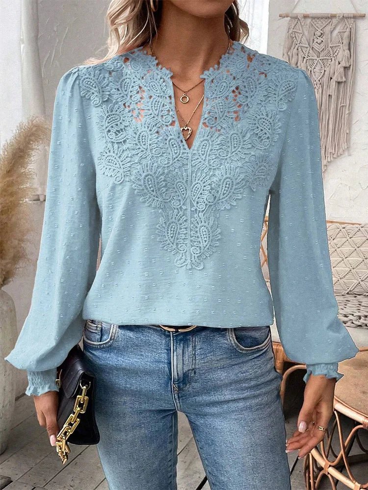 Luxury Lace S - 2XL Hollowed V - Neck Shirt Women Solid Color Long Sleeve Top Office Lady Elegant Daily Blouse - UT KICK ASStop14:771#blue;5:4182