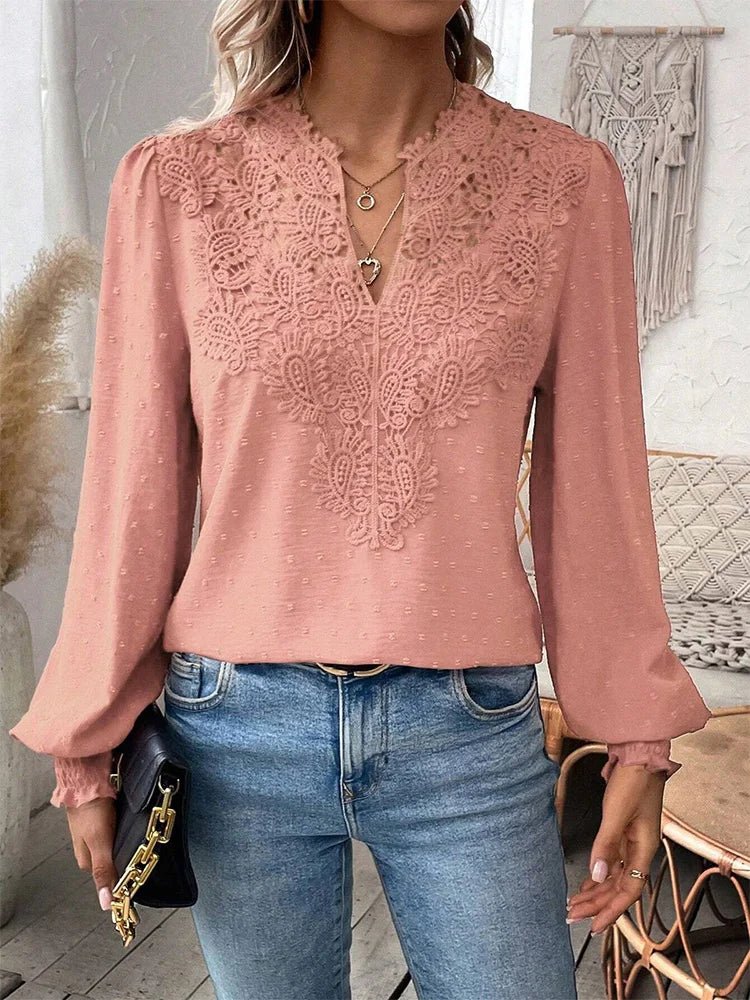 Luxury Lace S - 2XL Hollowed V - Neck Shirt Women Solid Color Long Sleeve Top Office Lady Elegant Daily Blouse - UT KICK ASStop14:350850#green;5:100014065