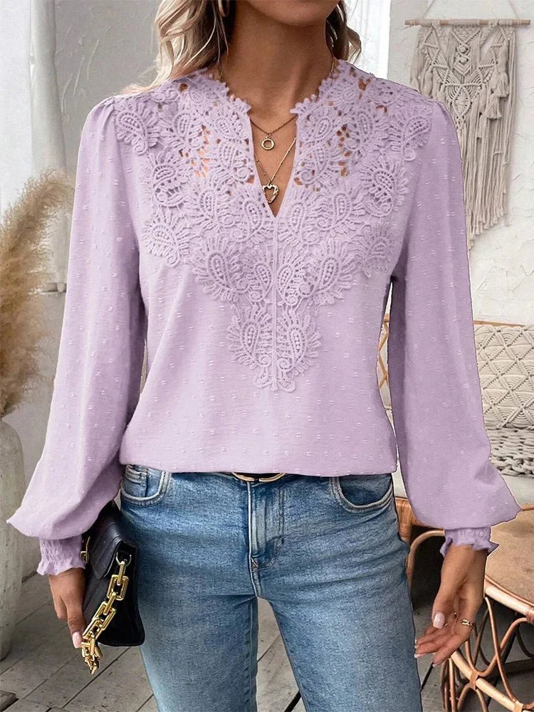 Luxury Lace S - 2XL Hollowed V - Neck Shirt Women Solid Color Long Sleeve Top Office Lady Elegant Daily Blouse - UT KICK ASStop14:173#lightpurple;5:361385