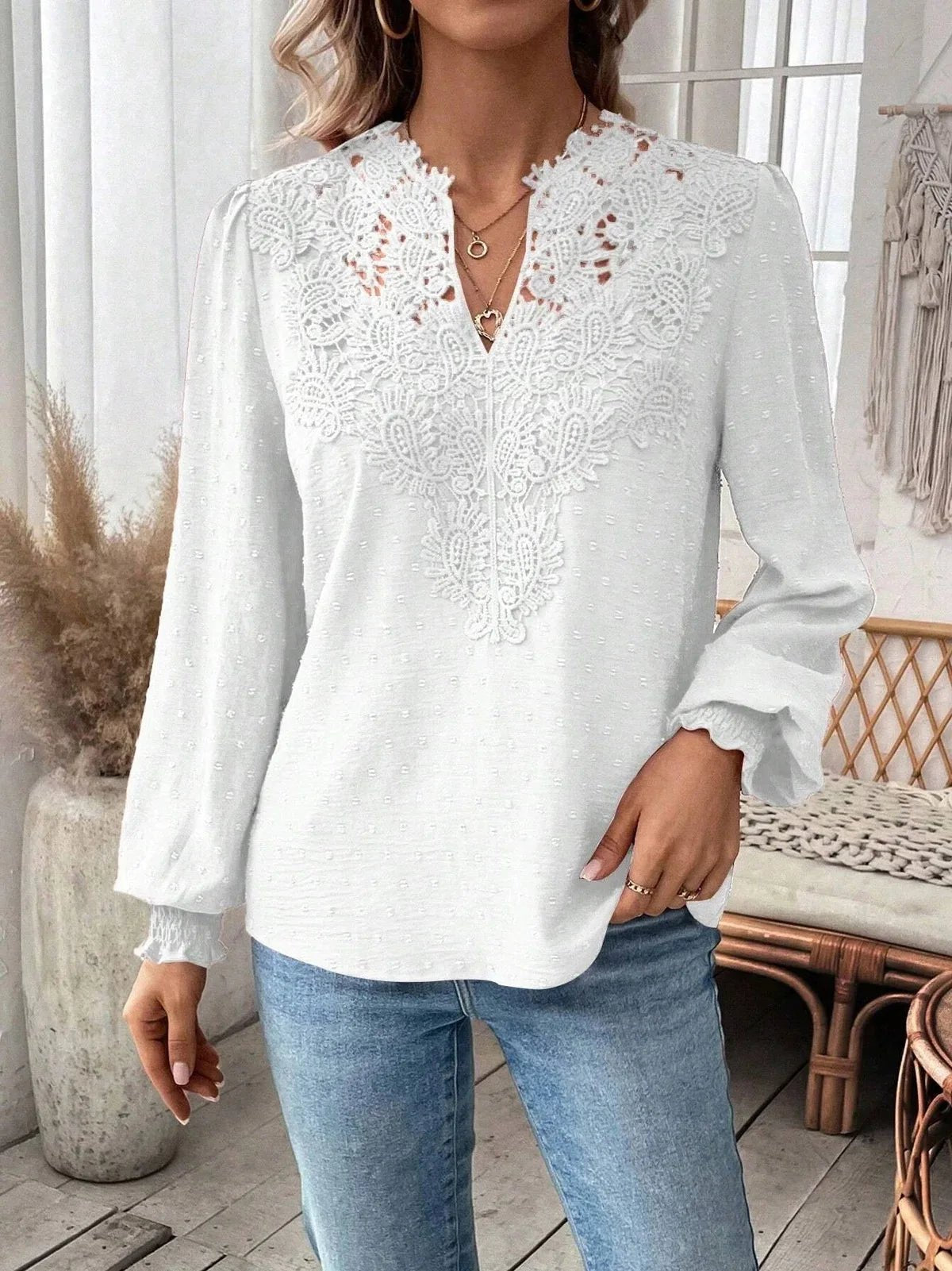 Luxury Lace S - 2XL Hollowed V - Neck Shirt Women Solid Color Long Sleeve Top Office Lady Elegant Daily Blouse - UT KICK ASStop14:350850#green;5:100014065