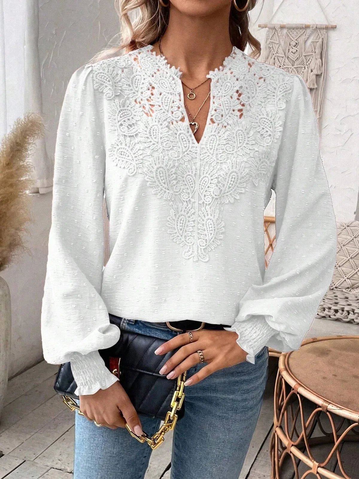 Luxury Lace S - 2XL Hollowed V - Neck Shirt Women Solid Color Long Sleeve Top Office Lady Elegant Daily Blouse - UT KICK ASStop14:350850#green;5:100014065