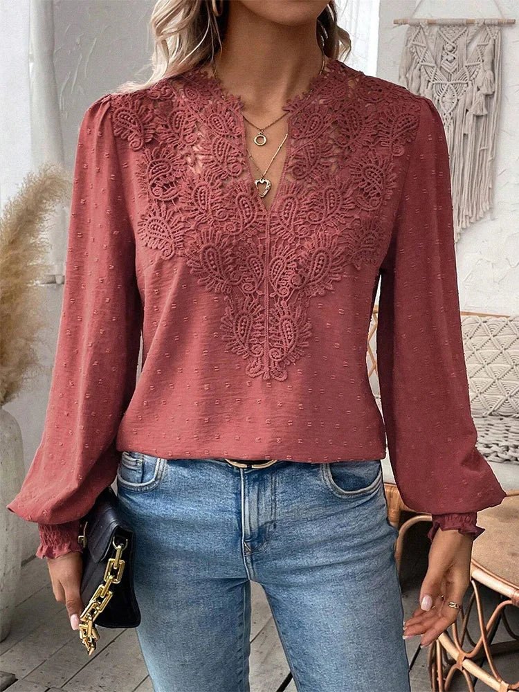 Luxury Lace S - 2XL Hollowed V - Neck Shirt Women Solid Color Long Sleeve Top Office Lady Elegant Daily Blouse - UT KICK ASStop14:350850#green;5:100014065