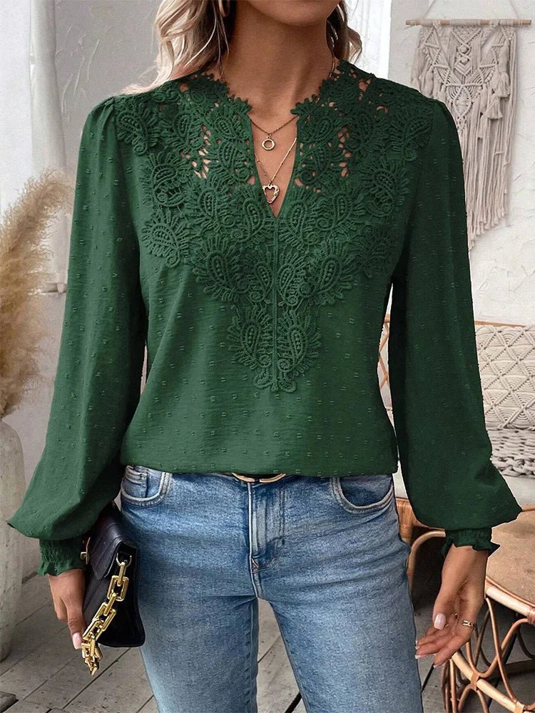 Luxury Lace S - 2XL Hollowed V - Neck Shirt Women Solid Color Long Sleeve Top Office Lady Elegant Daily Blouse - UT KICK ASStop14:350850#green;5:100014065