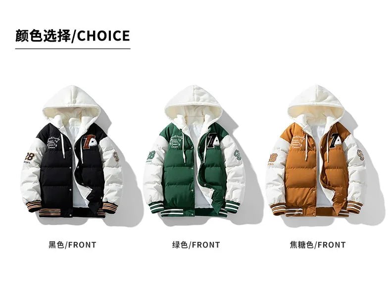 New Cotton Coats M - 2XL Men's Winter Fashion Thickened Down Cotton Coat Hooded Fake Two Piece Warm Loose Embroidered Print Jacket - UT KICK ASSmens14:771#Caramel;5:100014065