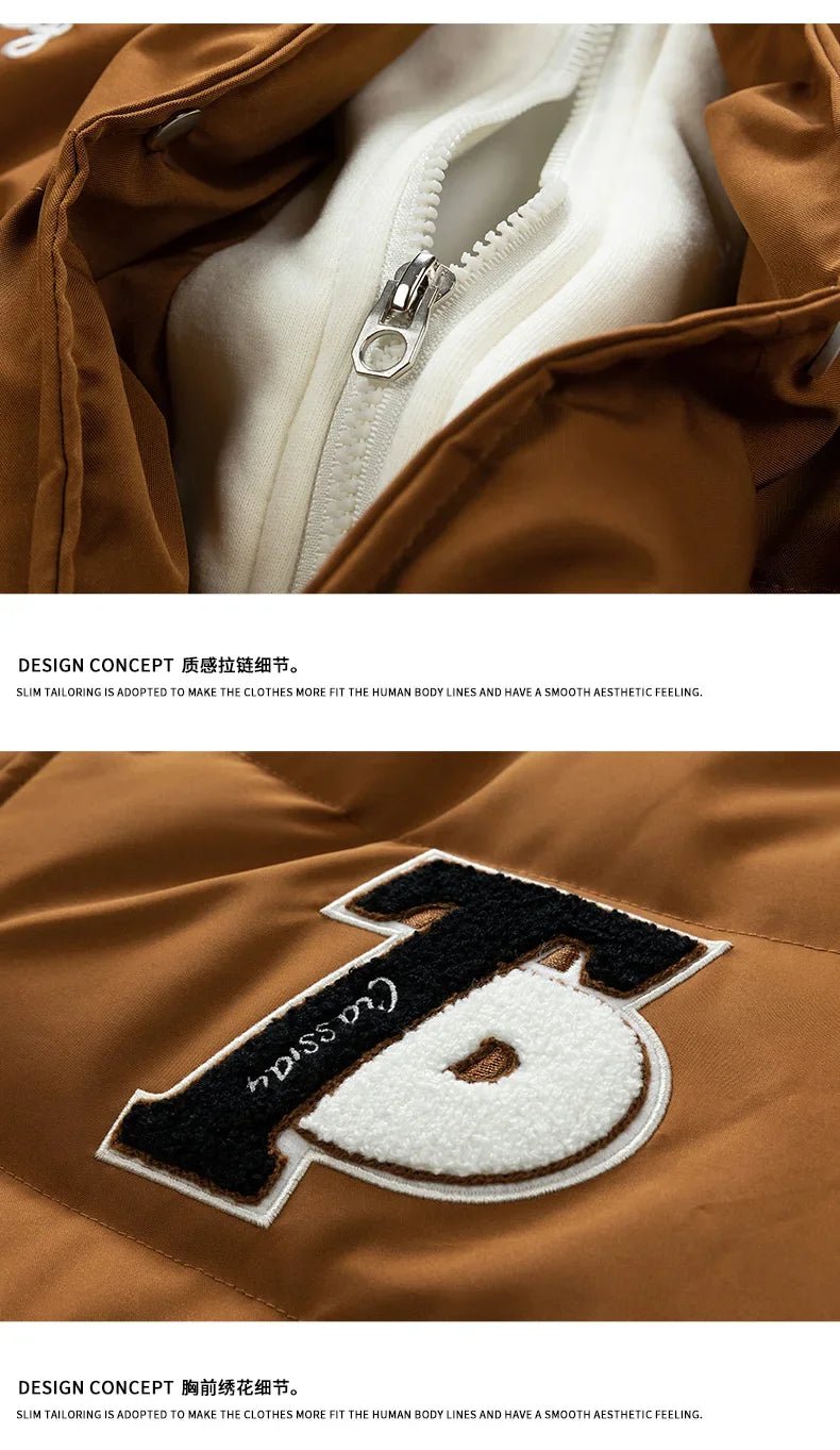 New Cotton Coats M - 2XL Men's Winter Fashion Thickened Down Cotton Coat Hooded Fake Two Piece Warm Loose Embroidered Print Jacket - UT KICK ASSmens14:771#Caramel;5:100014065