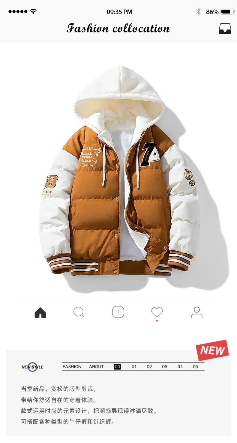 New Cotton Coats M - 2XL Men's Winter Fashion Thickened Down Cotton Coat Hooded Fake Two Piece Warm Loose Embroidered Print Jacket - UT KICK ASSmens14:771#Caramel;5:100014065