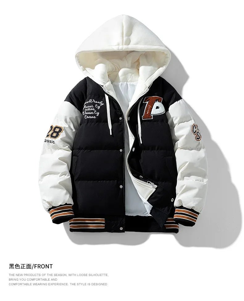 New Cotton Coats M - 2XL Men's Winter Fashion Thickened Down Cotton Coat Hooded Fake Two Piece Warm Loose Embroidered Print Jacket - UT KICK ASSmens14:771#Caramel;5:100014065
