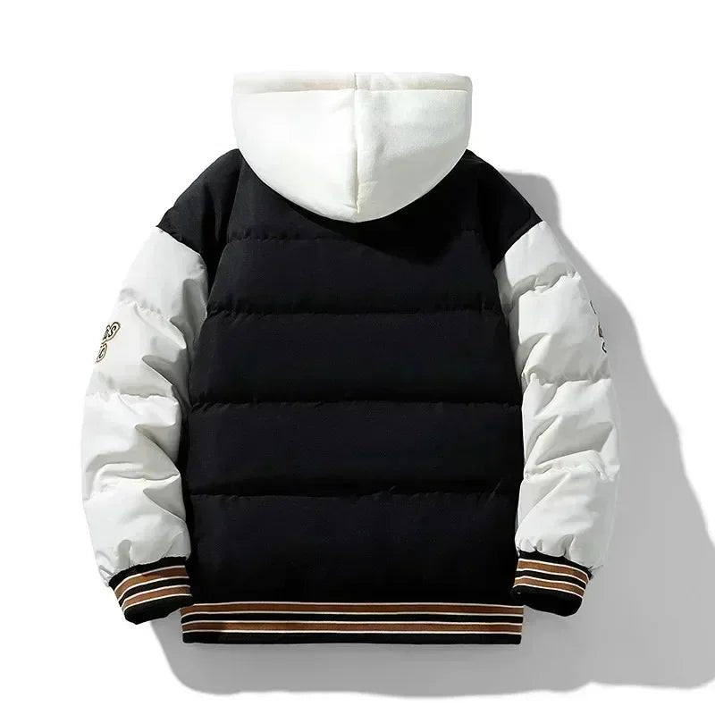 New Cotton Coats M - 2XL Men's Winter Fashion Thickened Down Cotton Coat Hooded Fake Two Piece Warm Loose Embroidered Print Jacket - UT KICK ASSmens14:771#Caramel;5:100014065