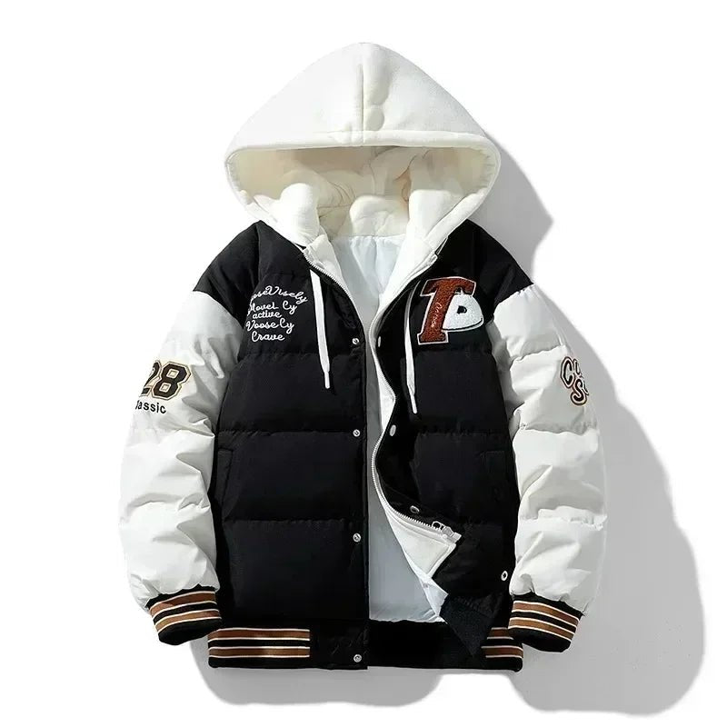 New Cotton Coats M - 2XL Men's Winter Fashion Thickened Down Cotton Coat Hooded Fake Two Piece Warm Loose Embroidered Print Jacket - UT KICK ASSmens14:193;5:200000990