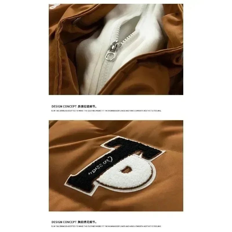 New Cotton Coats M - 2XL Men's Winter Fashion Thickened Down Cotton Coat Hooded Fake Two Piece Warm Loose Embroidered Print Jacket - UT KICK ASSmens14:771#Caramel;5:100014065