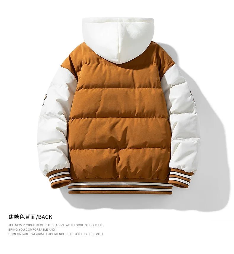 New Cotton Coats M - 2XL Men's Winter Fashion Thickened Down Cotton Coat Hooded Fake Two Piece Warm Loose Embroidered Print Jacket - UT KICK ASSmens14:771#Caramel;5:100014065