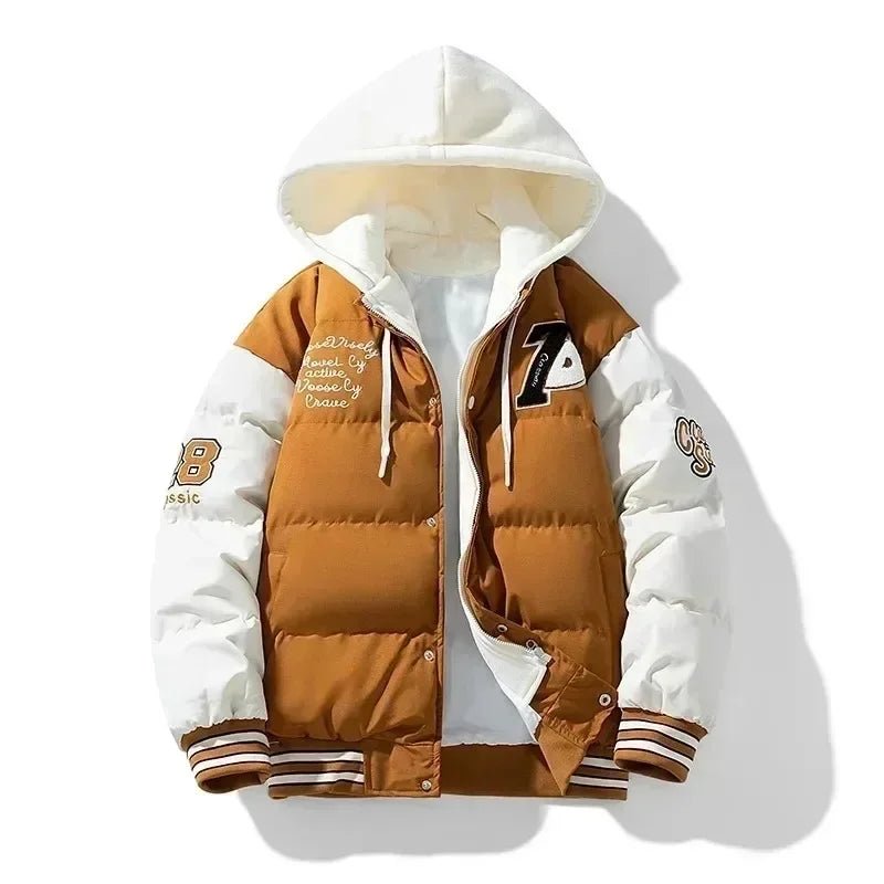 New Cotton Coats M - 2XL Men's Winter Fashion Thickened Down Cotton Coat Hooded Fake Two Piece Warm Loose Embroidered Print Jacket - UT KICK ASSmens14:771#Caramel;5:100014065