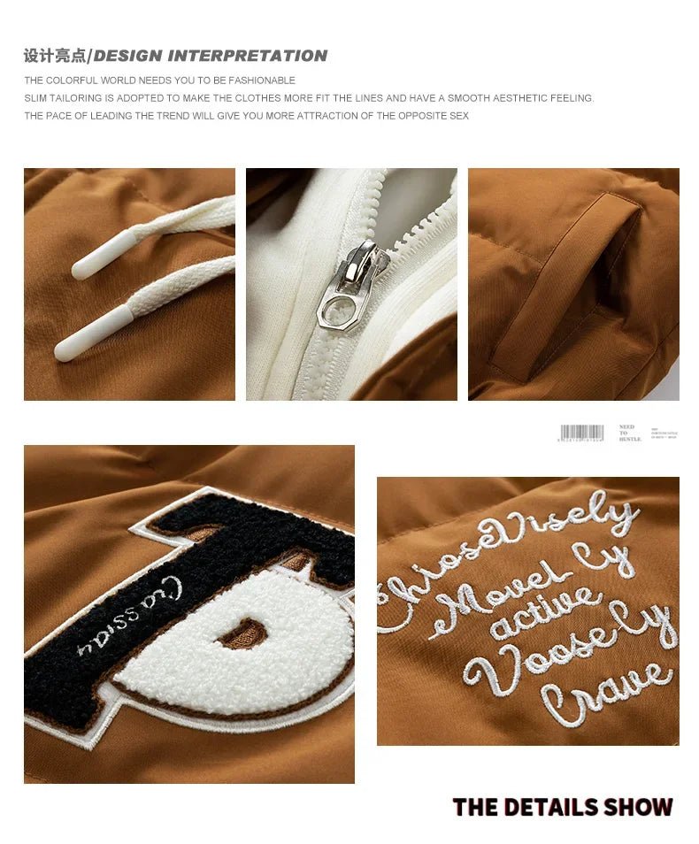 New Cotton Coats M - 2XL Men's Winter Fashion Thickened Down Cotton Coat Hooded Fake Two Piece Warm Loose Embroidered Print Jacket - UT KICK ASSmens14:771#Caramel;5:100014065