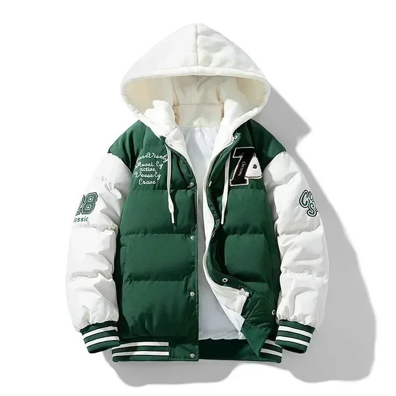 New Cotton Coats M - 2XL Men's Winter Fashion Thickened Down Cotton Coat Hooded Fake Two Piece Warm Loose Embroidered Print Jacket - UT KICK ASSmens14:175;5:200000990