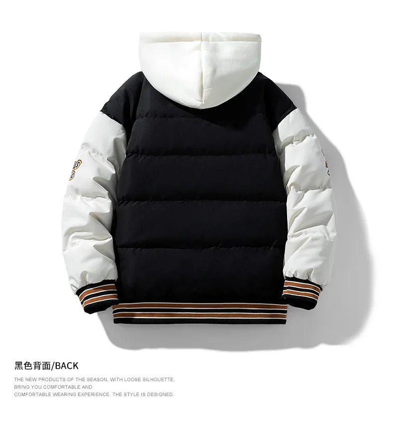 New Cotton Coats M - 2XL Men's Winter Fashion Thickened Down Cotton Coat Hooded Fake Two Piece Warm Loose Embroidered Print Jacket - UT KICK ASSmens14:771#Caramel;5:100014065