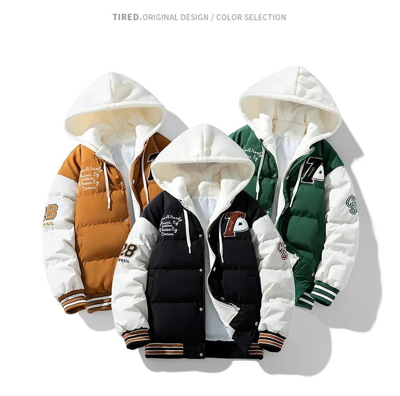 New Cotton Coats M - 2XL Men's Winter Fashion Thickened Down Cotton Coat Hooded Fake Two Piece Warm Loose Embroidered Print Jacket - UT KICK ASSmens14:771#Caramel;5:100014065